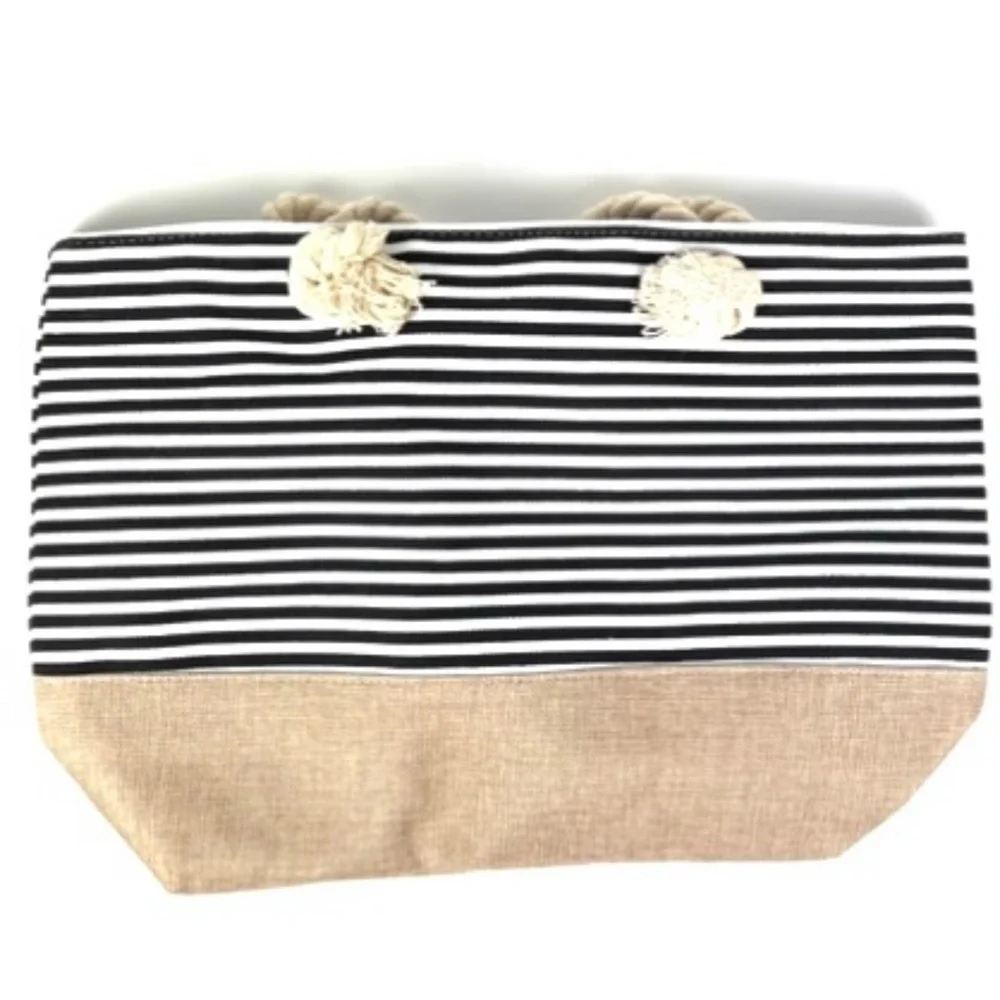 Chic Black and Tan Striped Tote Bag - Picture 2 of 4